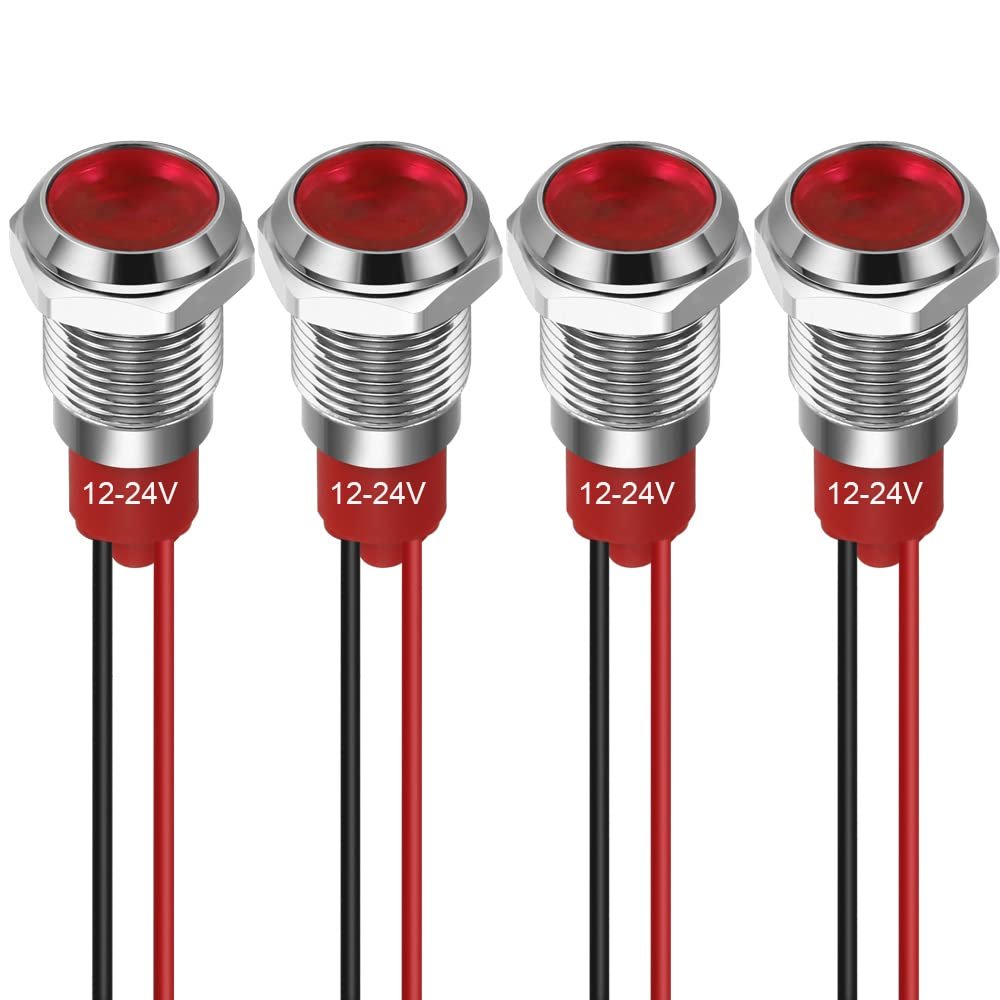 GUUZI 10 mm LED Indicator Light, 12–24 V, Waterproof, Red, 4-Pack