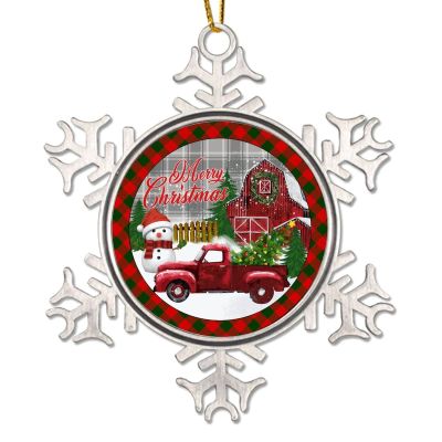 Farmhouse Barn Christmas Tree Red Truck Snowflake Ornaments, Buffalo Plaid, 7.6 cm