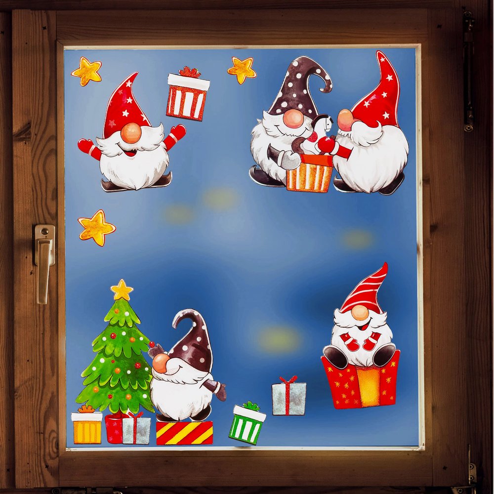 Christmas Window Clings, 10-Piece Set, Glitter Elf or Santa Motifs