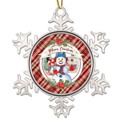 Merry Christmas Floral Snowman Metal Snowflake Hanging Ornament, Winter Farmhouse Buffalo Plaid Christmas Tree Decor for Kids, 7.6 cm