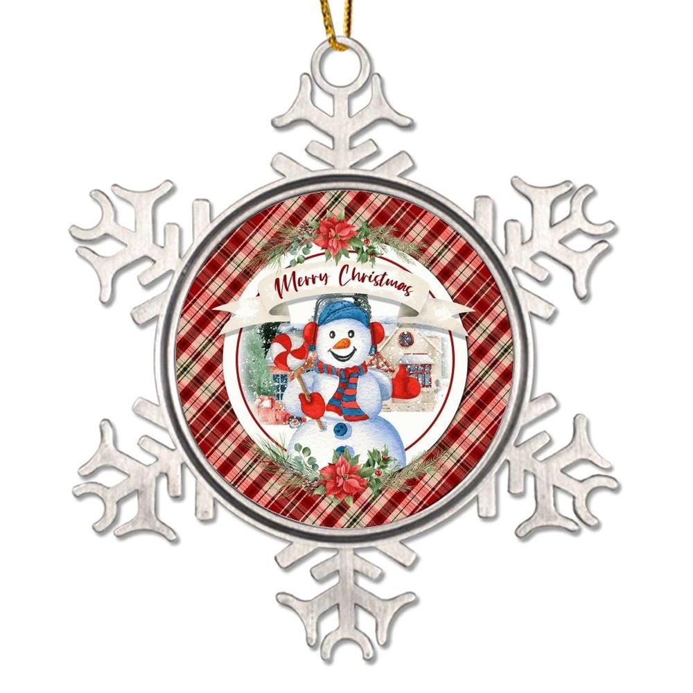 Merry Christmas Floral Snowman Metal Snowflake Hanging Ornament, Winter Farmhouse Buffalo Plaid Christmas Tree Decor for Kids, 7.6 cm