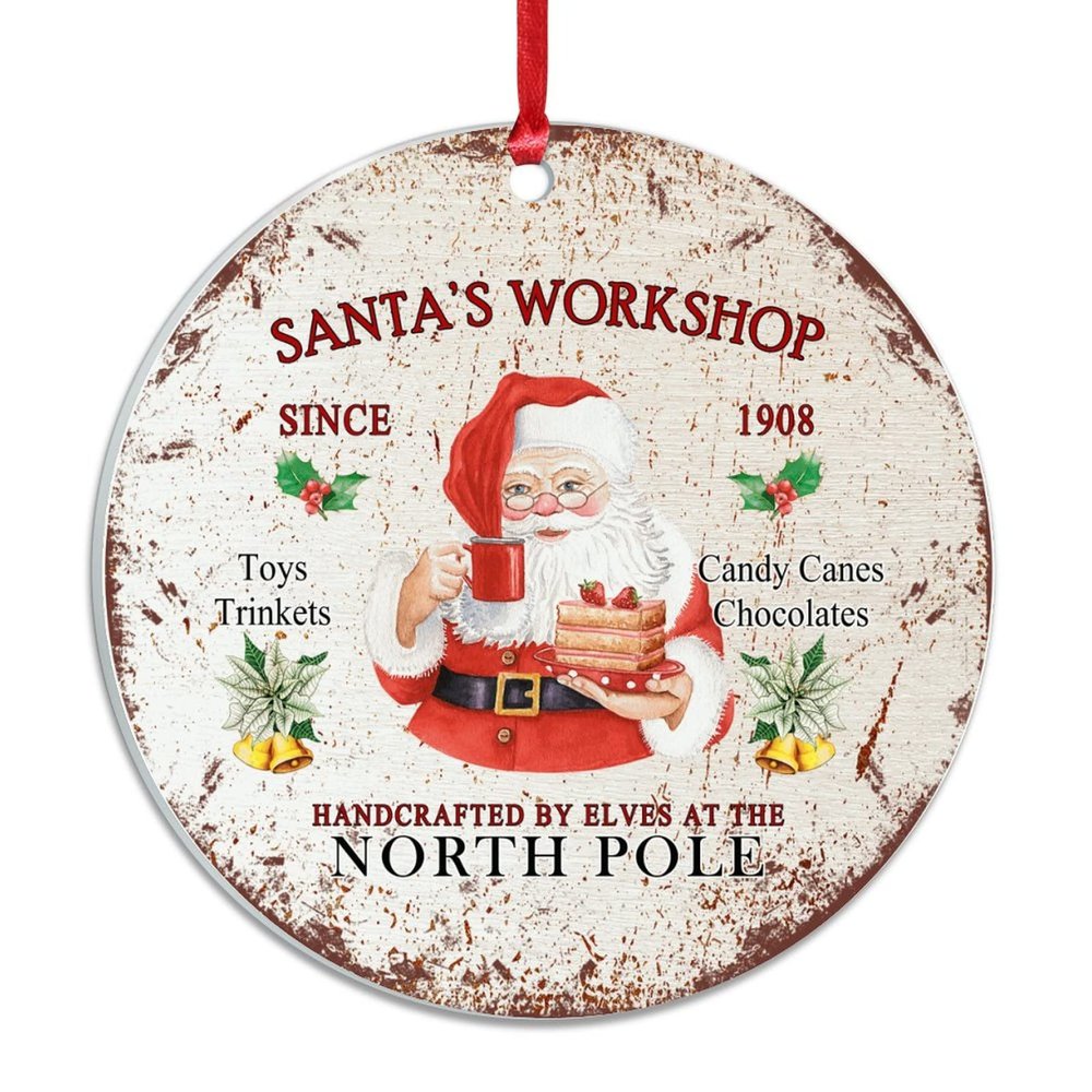 Santa's Workshop Acrylic Christmas Ornament, Reindeer and Santa Wreath, Round, 3 in
