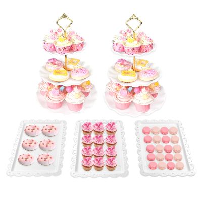 Tcomhk 5-Piece Cupcake Stand Set with 2 XL 3-Tier Stands and 3 Appetizer Trays, Wave