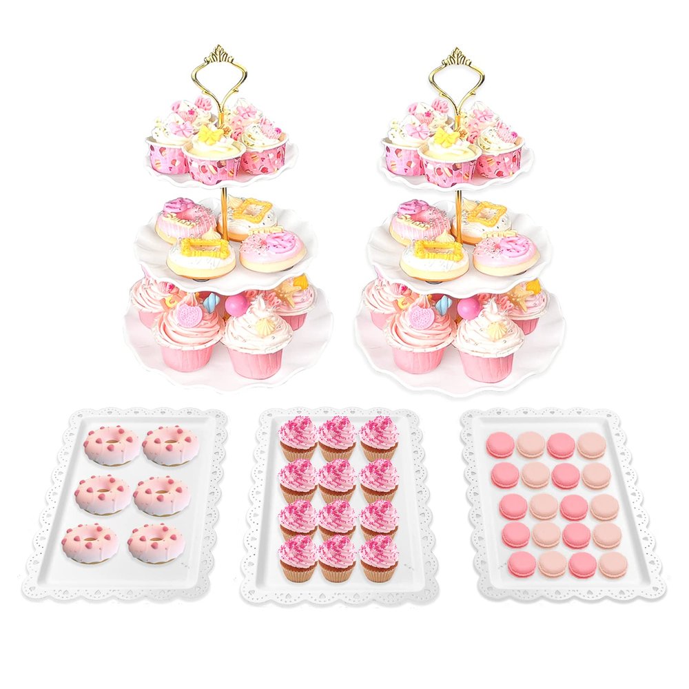 Tcomhk 5-Piece Cupcake Stand Set with 2 XL 3-Tier Stands and 3 Appetizer Trays, Wave