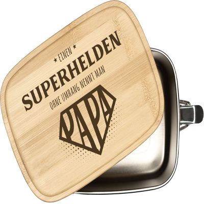 Tassenbrennerei Lunch Box with Saying “A Superhero Without a Cape Is Called Dad” – 1000 ml Stainless Steel Box with Engraved Bamboo Lid, Gift for Dad