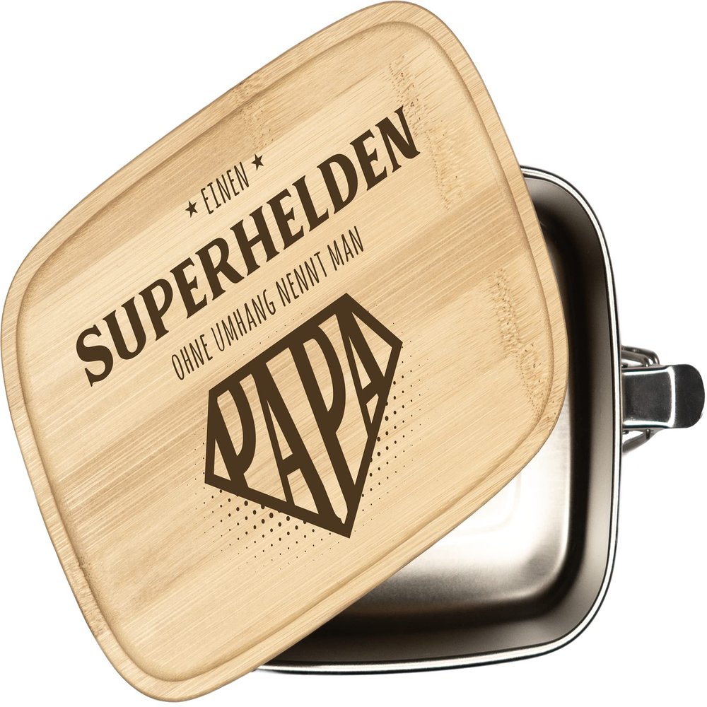 Tassenbrennerei Lunch Box with Saying “A Superhero Without a Cape Is Called Dad” – 1000 ml Stainless Steel Box with Engraved Bamboo Lid, Gift for Dad