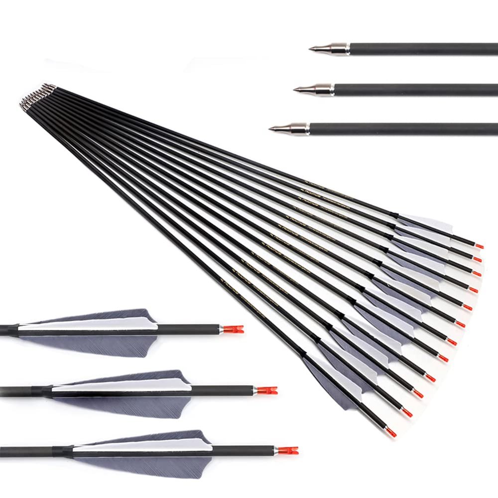 ACCMOS Spine 800 Carbon Hunting Arrows, 6.2 mm ID, Gray Feathers, 27 in, 12-Pack