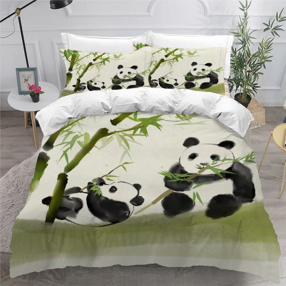VULORA 3-Piece Winter Panda 3D Cartoon Animal Bedding Set, 155 x 220 cm, Microfiber Duvet Cover with 2 Pillowcases
