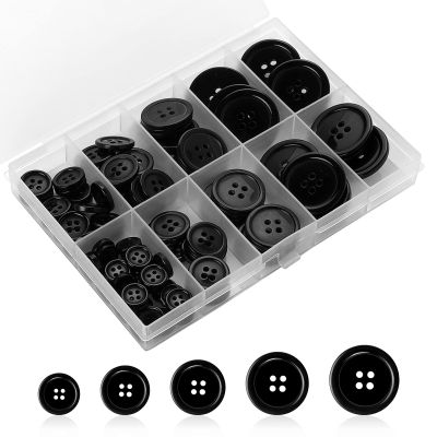 100 Black Resin Buttons, 4-Hole, 5 Sizes