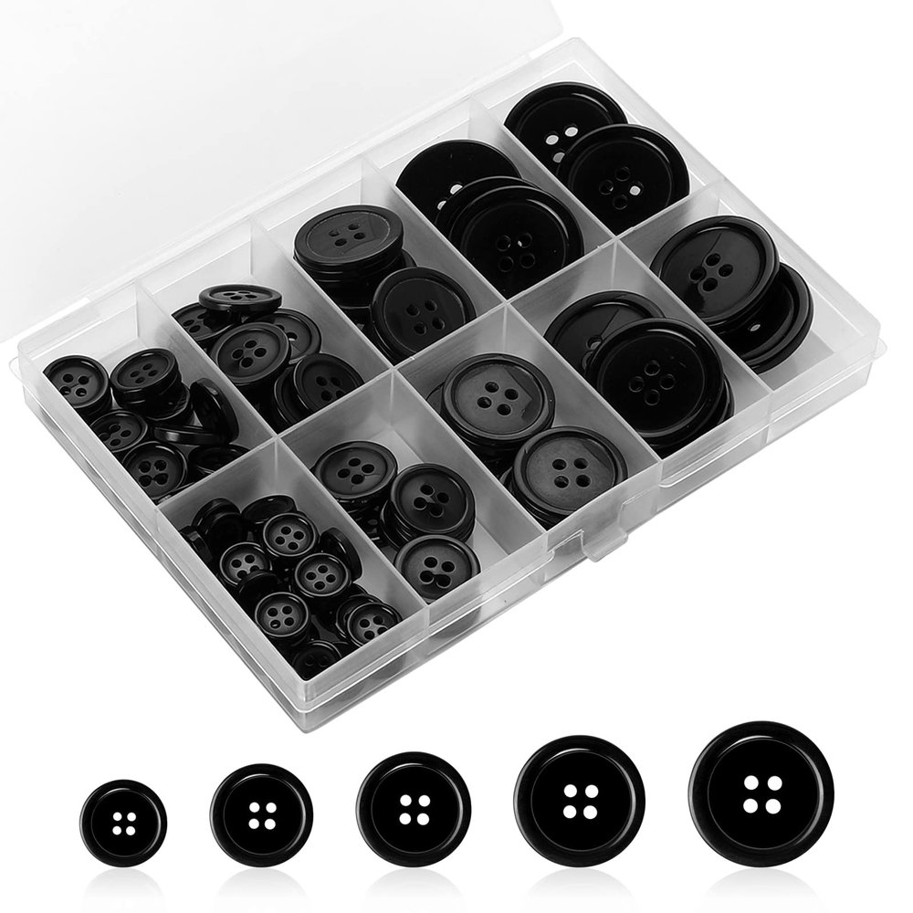 100 Black Resin Buttons, 4-Hole, 5 Sizes