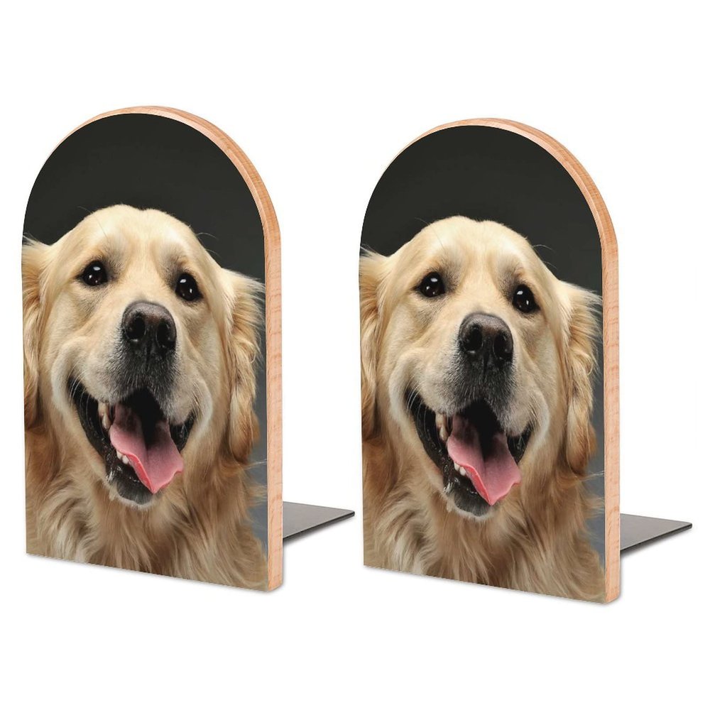 Smiling Golden Retriever Portrait Wooden Bookends, 1 Pair
