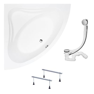 KOLMAN MIA 130 x 130 cm Corner Bathtub, 3-in-1 Acrylic Set with Drain Assembly and Feet