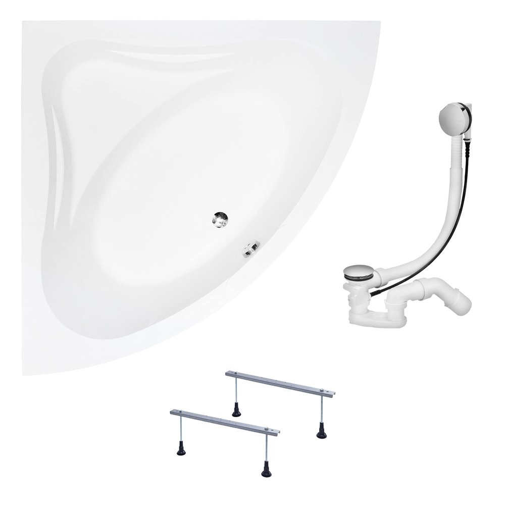 KOLMAN MIA 130 x 130 cm Corner Bathtub, 3-in-1 Acrylic Set with Drain Assembly and Feet