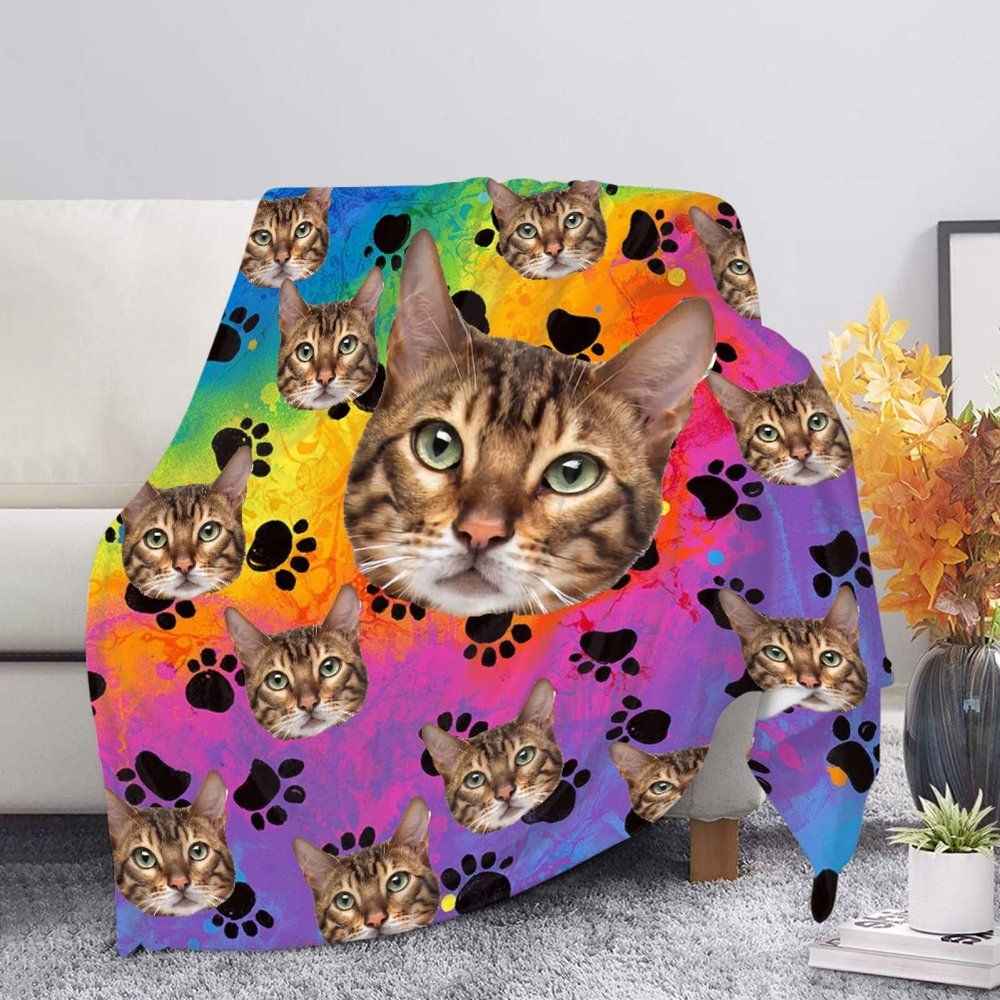 Kuiaobaty Funny Cat Rainbow Fleece Throw Blanket, Soft Plush Bedspread for Sofa, Couch and King-Size Bed