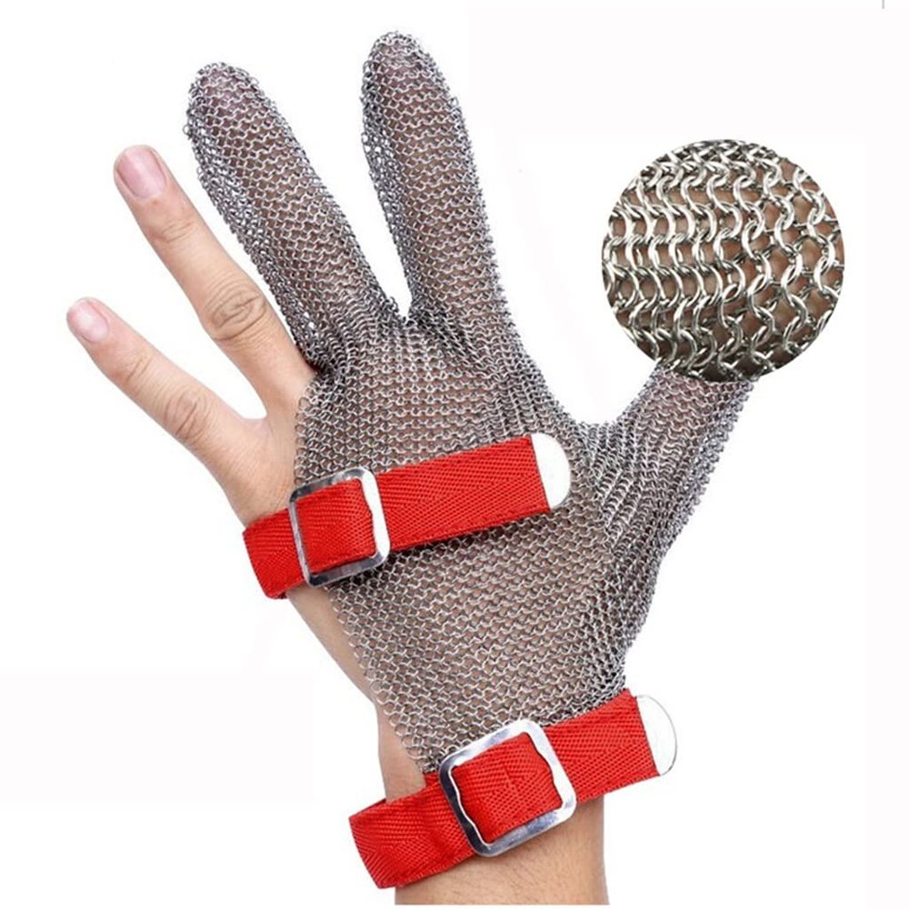 BCPPO Stainless Steel Cut-Resistant Chainmail Gloves, 3-Finger Safety Work Gloves for Butchers, Nylon Wrist Strap (1 Pack/M)