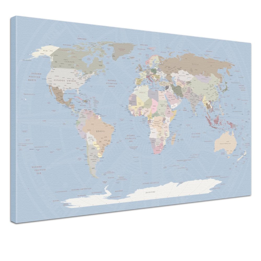 World Map Pinboard Canvas Wall Art – Iceblue, Spanish, Blue, 80 x 60 cm