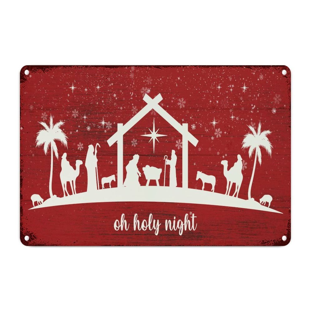 CowkissSign Merry Christmas Vintage Metal Sign, Red Nativity Scene, Jesus, French Retro Style, 30.5 x 20.3 cm