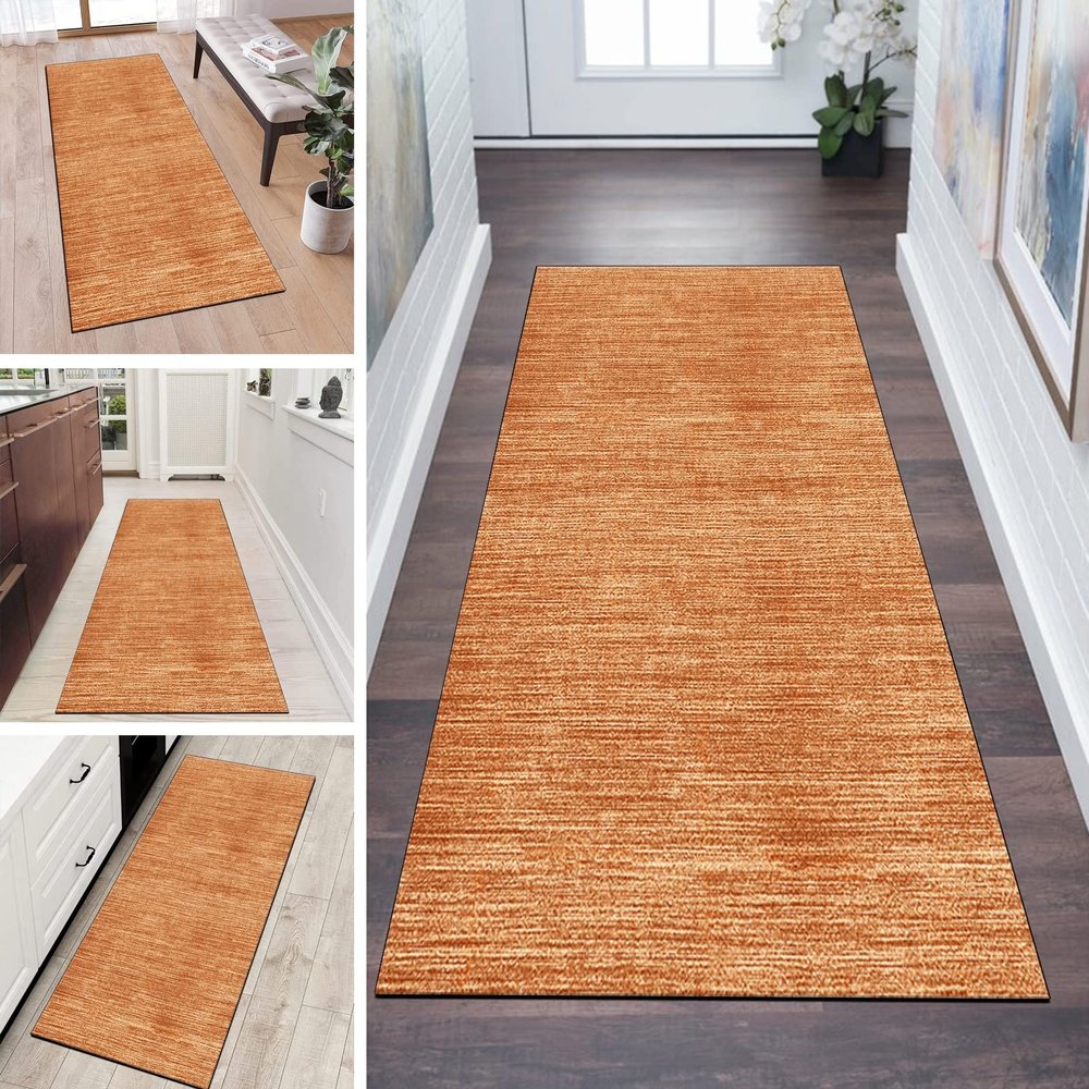 QQrunner Long Hallway Runner Rug, Non-Slip, Washable, Orange, 60 x 250 cm