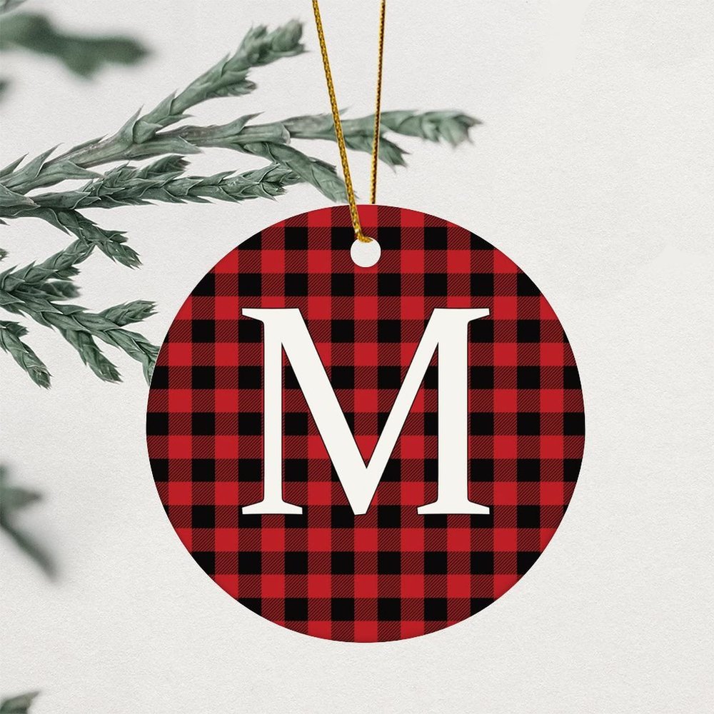 Christmas Porcelain Ornament, Monogram Initial M, Red Buffalo Plaid, 8.1 cm