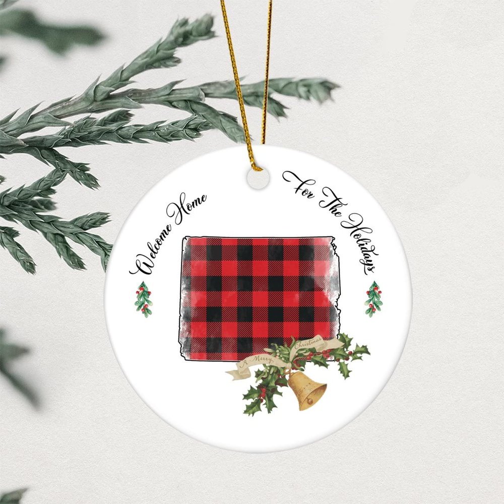 Wyoming State Buffalo Plaid Christmas Round Ornament, Welcome Home for the Holidays, 8.1 cm