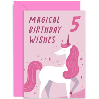 Old English Co. Funny Pink Unicorn 5th Birthday Card for Girls and Boys