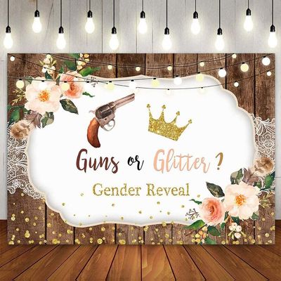 Guns or Glitter Gender Reveal Party Background, Rustic Wood, Flowers and Lights, Boy or Girl Baby Party Banner