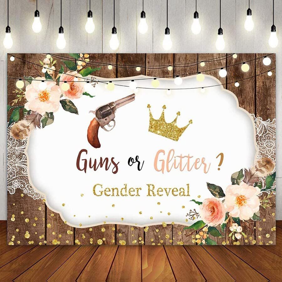 Guns or Glitter Gender Reveal Party Background, Rustic Wood, Flowers and Lights, Boy or Girl Baby Party Banner