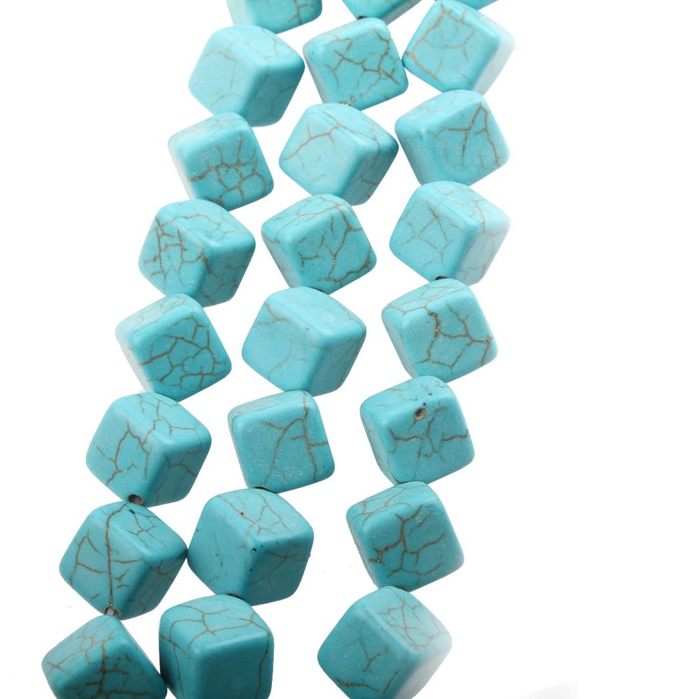 Perlin Turquoise Gemstone Beads, 10 mm Diagonally Drilled Cubes, Natural Stone Bead Strand, 30 Pieces