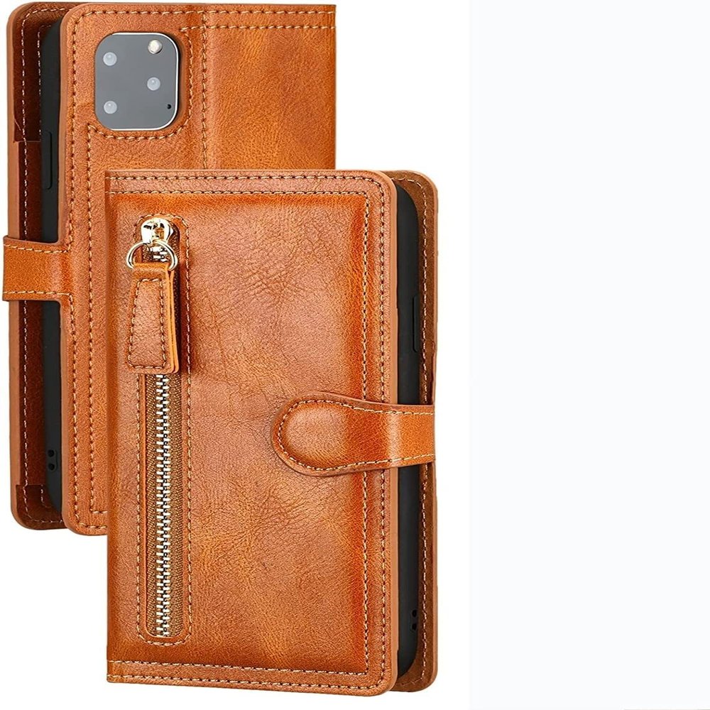 GANYUU Wallet Case for iPhone 13 Mini/13/13 Pro/13 Pro Max, PU Leather Zipper Flip Wallet Case with Wireless Charging Support and Camera Protection, Orange, 13 Mini 5.4-Inch