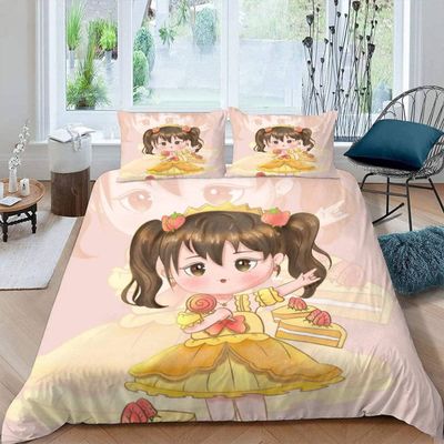 VASENA Anime Bedding Set, 200 x 200 cm, Pink Cartoon Girl, 3-Piece Microfiber
