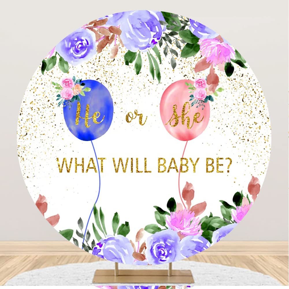 SDOTPMT 1 m Round Baby Shower Gender Reveal Backdrop, Floral Balloons and Gold Powder