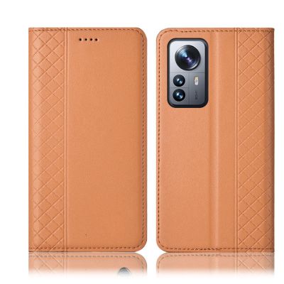 KVIBEO Genuine Leather Flip Wallet Case for Xiaomi 12/12 Pro, Card Slots, Stand Function, Magnetic Shock-Resistant Protection, Beige, 6.28-Inch