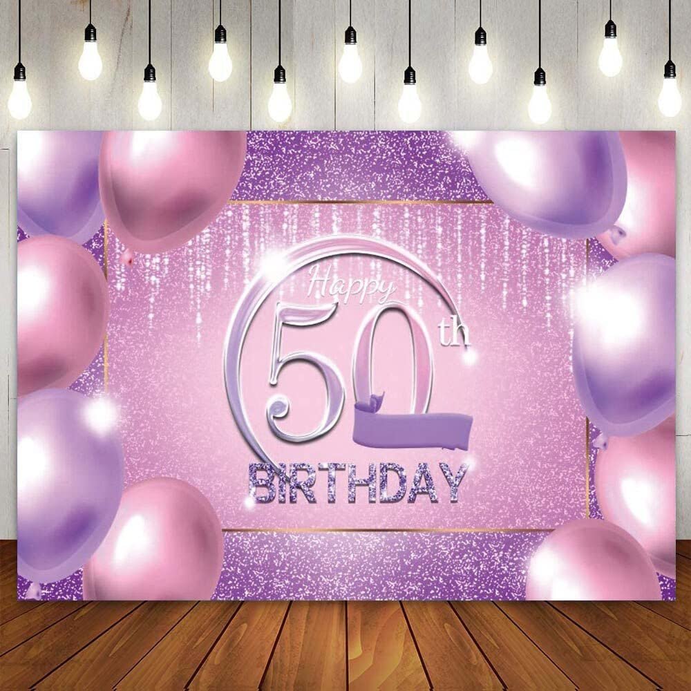 Happy 50th Birthday Pink and Purple Frame Party Backdrop for Women