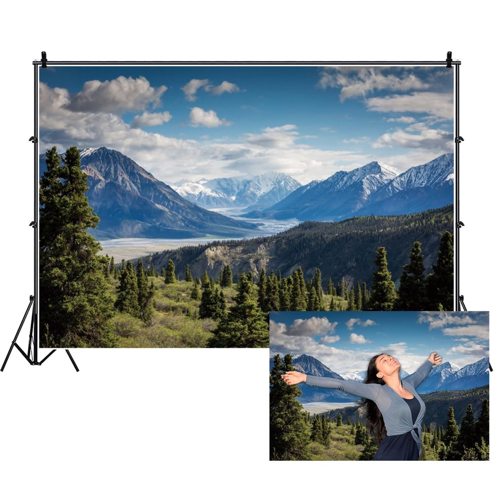 Renaiss Mountain Lake Background, 3 x 2.4 m, Polyester, Blue Sky, White Clouds, Pine Trees and Forest