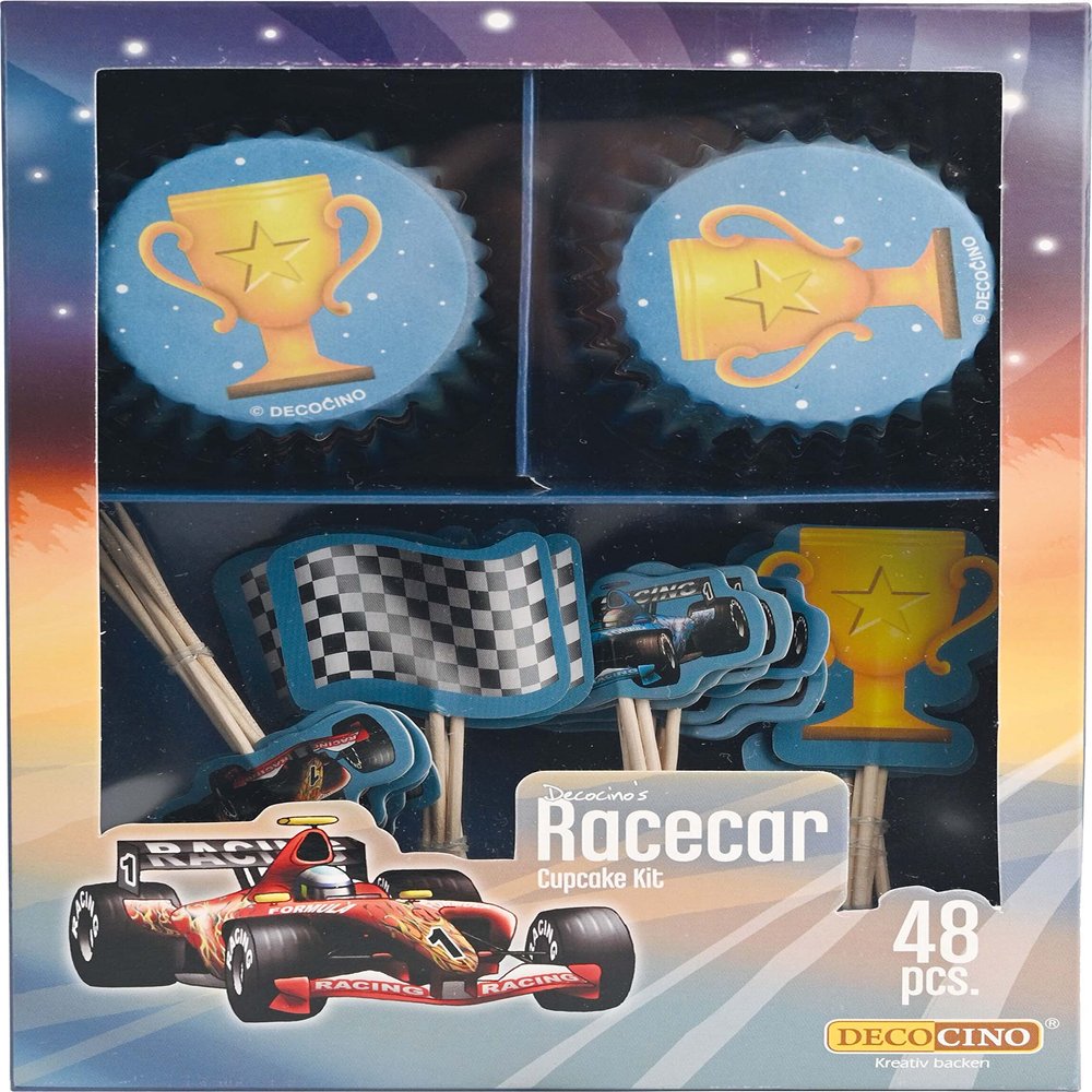 DECOCINO Racecar Muffin Set, 48-Piece - 24 5 cm Cupcake Liners and 24 Paper Muffin Toppers