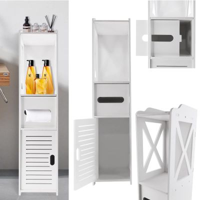 White Narrow Bathroom Storage Cabinet with Tall Storage