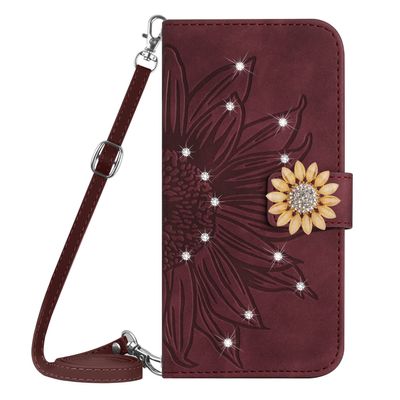 VQWQ Phone Case for Oppo Realme GT, Glitter Flower, Wrist Strap, Wine