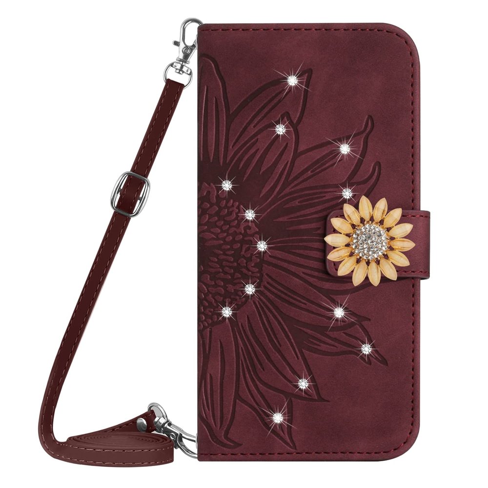VQWQ Phone Case for Oppo Realme GT, Glitter Flower, Wrist Strap, Wine