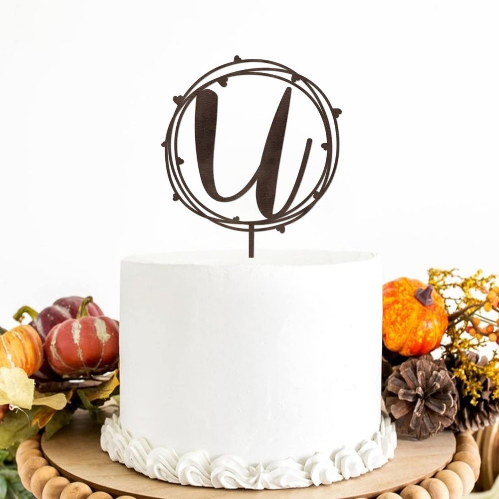 Wreath Monogram U Cake Topper, Custom Letter U Cake Topper for Birthdays, Rustic Weddings, Anniversaries and Parties, Wood Brown