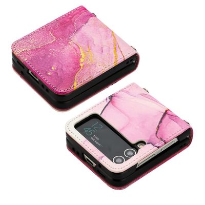 Crossbody Leather Phone Case for Samsung Galaxy Z Flip 4/3 5G, Flip4/Flip3, Marble Pattern, LS001 No Strap