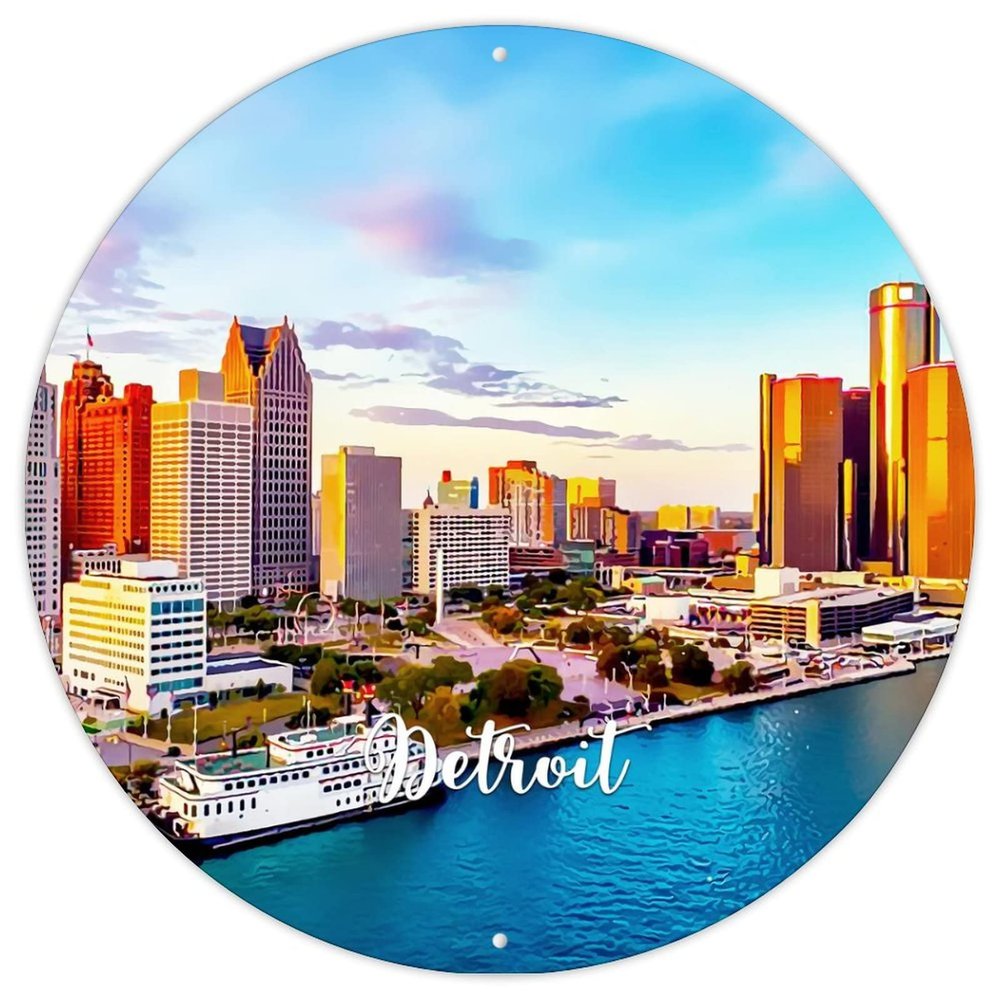 Detroit, USA City Souvenir Round Aluminum Wall Sign, 30.5 x 30.5 cm