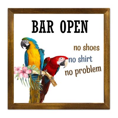No Shoes No Shirt No Problem Framed Wood Signs, Bar, Open, Parrot Hanging Sign, Shell and Starfish Decorative Wall Art