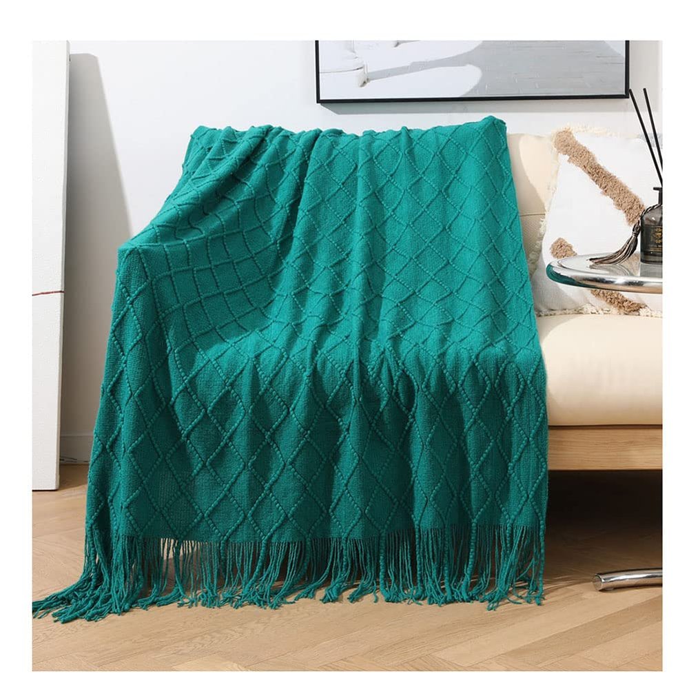 Warm Knitted Throw Blanket with Tassels for Bed, Sofa, Bedroom, Travel, CuiGrn