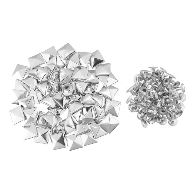 50 Sets Pyramid-Shaped Square Metal Studs for Clothing, Shoes and Bags, Silver, 7 mm