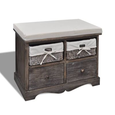 HOMIUSE 62 x 33 x 42 cm Storage Bench with Cushioned Seat, 4 Storage Compartments, Brown Paulownia Wood