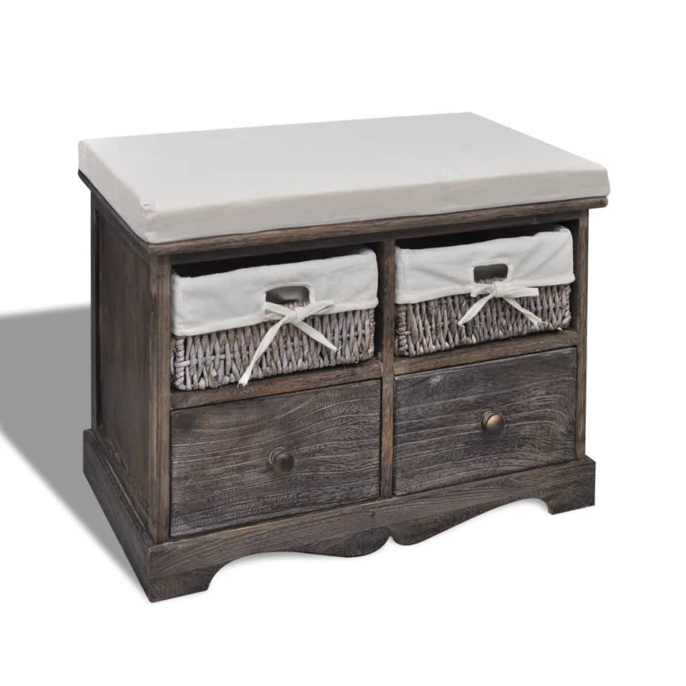HOMIUSE 62 x 33 x 42 cm Storage Bench with Cushioned Seat, 4 Storage Compartments, Brown Paulownia Wood