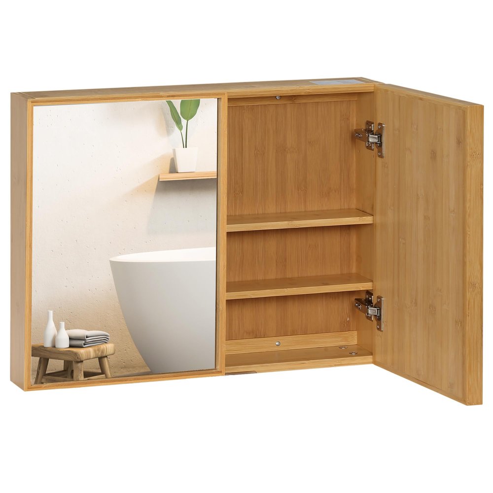 kleankin Mirrored Bathroom Cabinet, 3 Shelves, Double Doors, 65.2 x 14 x 50 cm, Natural