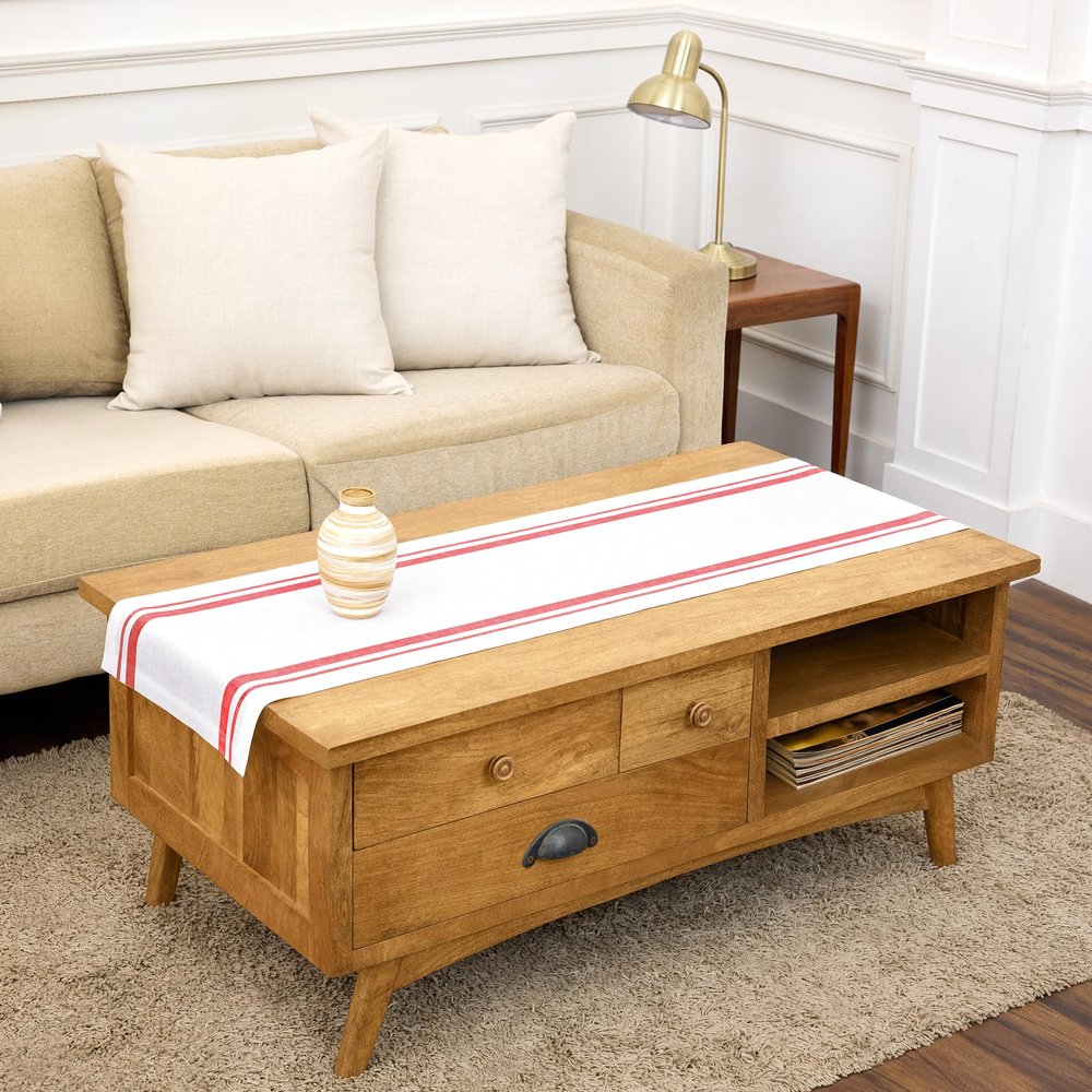 Solino Home French Stripe Linen Table Runner, 100% Linen, 35.6 x 152.4 cm (14 x 60 in), Red and White