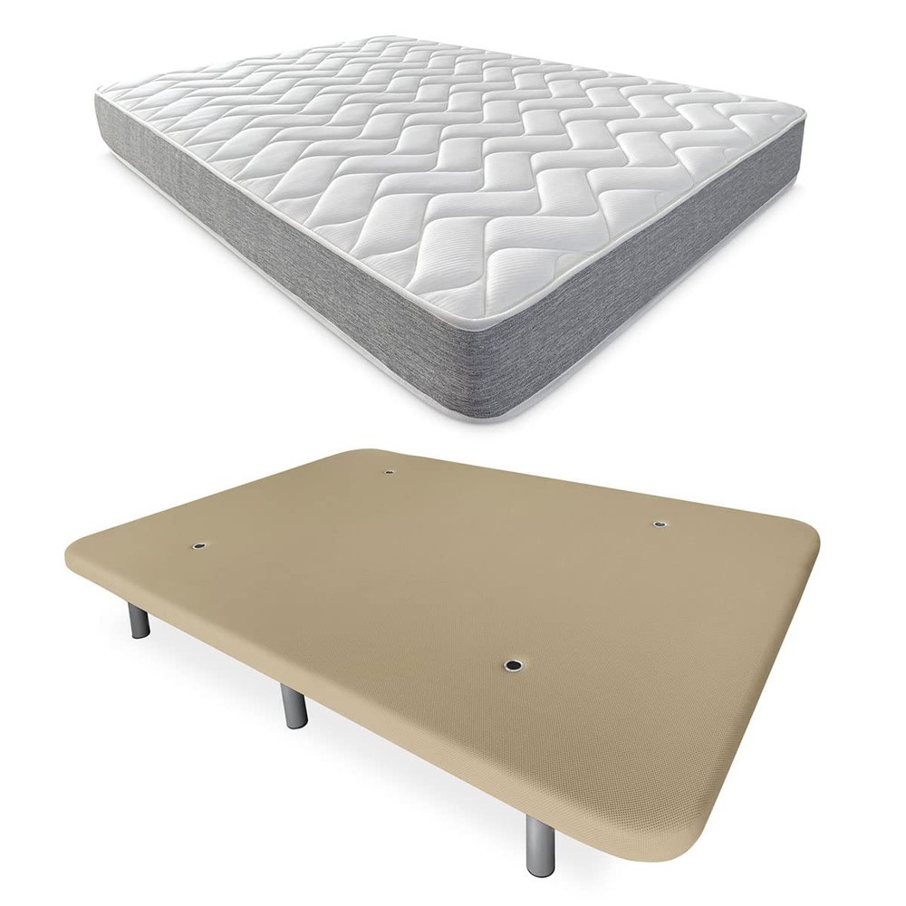 Durmete Online Complete Bed with Reversible Viscotec Mattress, Reinforced Upholstered Base, 6 Legs, Beige, 150 x 190 cm
