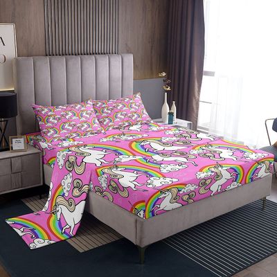 4-Piece King Size Unicorn Bedding Set, Rainbow Unicorn, Clouds, Pink